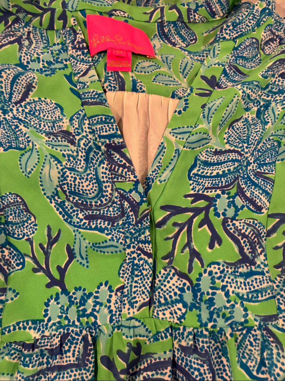 Vibrant Green & Blue Floral V-Neck Tiered Dress. by Lily Pulitzer - Picture 9 of 9